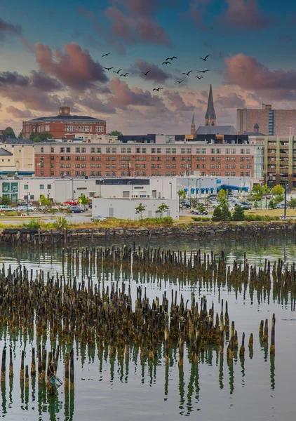 Stapels in de haven met Portland bij Dusk — Stockfoto