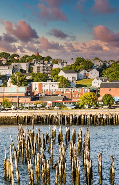 Portland hamn med trästolpar — Stockfoto