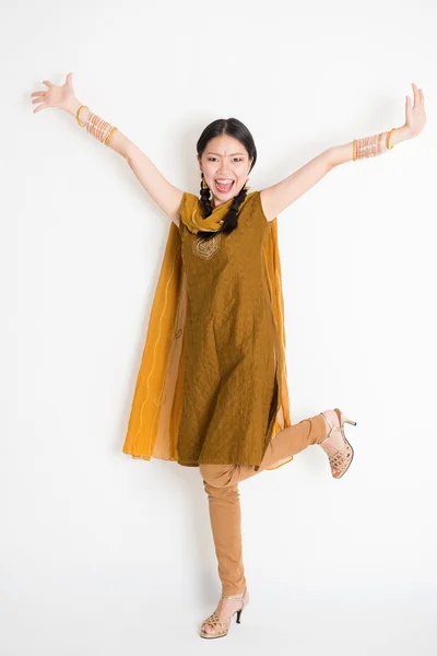 Excited Indian Chinese female arms raised — Stock Photo, Image