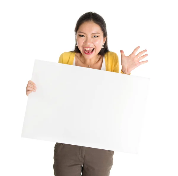 Asian female holding white blank paper card — Stock Photo, Image