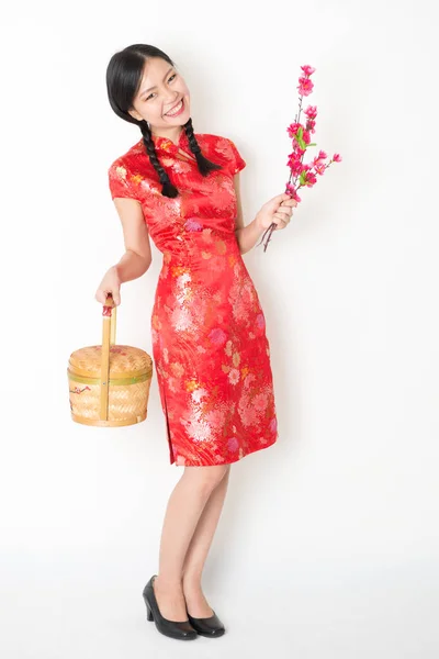 Orientalische Hündin in rotem Qipao mit Geschenkkorb — Stockfoto