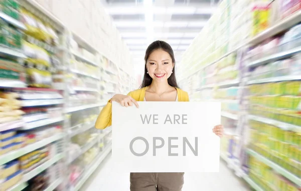 We are open sign board in department store — Stock Photo, Image