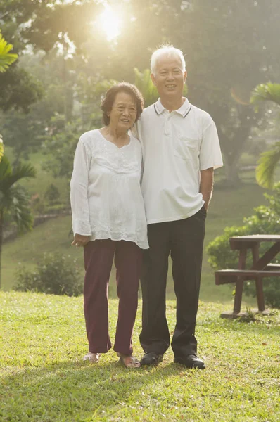 Asiático idosos casal andando no parque ao ar livre — Fotografia de Stock
