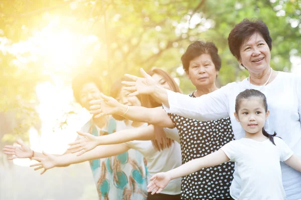 Grande grupo de asiático multi gerações família jogar ao ar livre — Fotografia de Stock