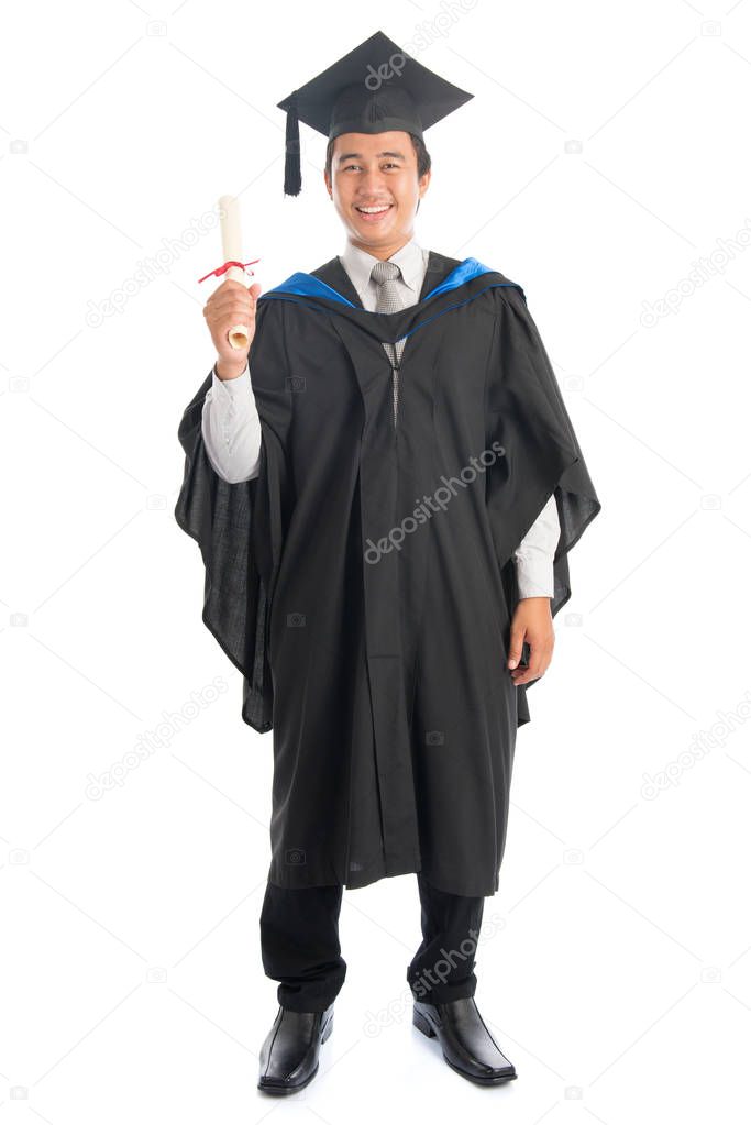 Full length university student graduation portrait