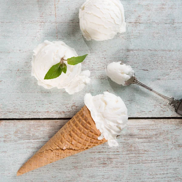 Coconut ice cream wafer cone top view — Stock Photo, Image