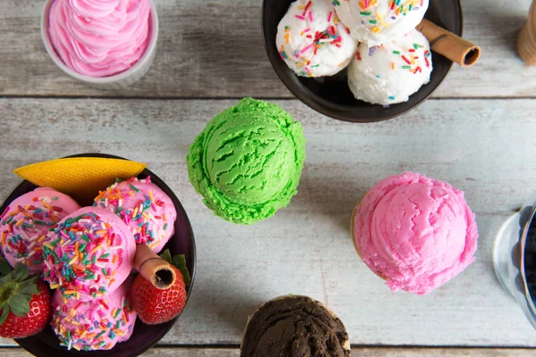 Various flavor ice cream bowl top view