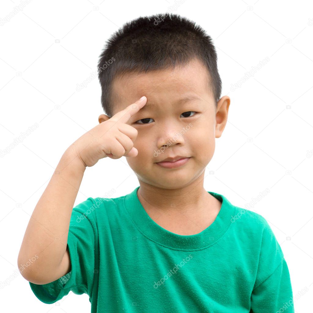 Asian child pointing eyebrow