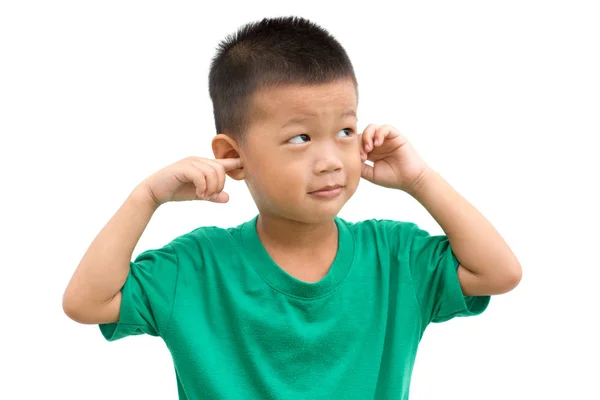 Asian boy covered ears looking away — Stock Photo, Image
