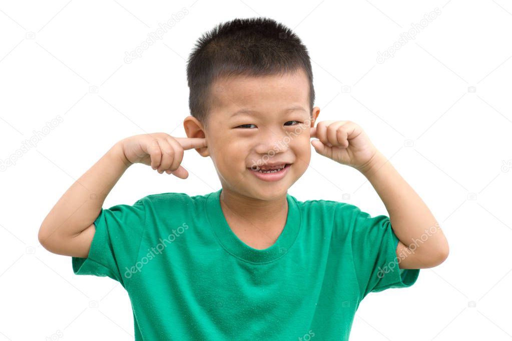 Asian boy covered ears