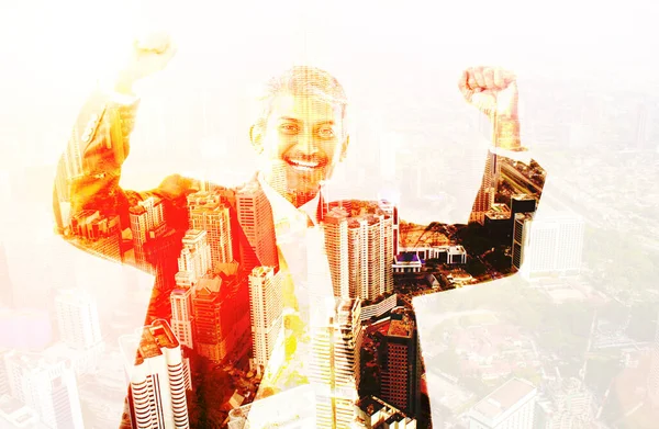 Double Exposure Image Excited Business Man Celebrating Success Overlay Cityscape — Stock Photo, Image