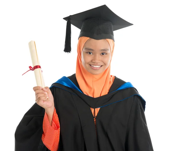 Female Student Graduation Gown Standing Isolated White Background — Stock Photo, Image
