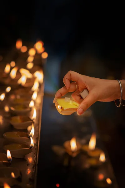 Lampe Huile Diwali Dans Temple Indien — Photo