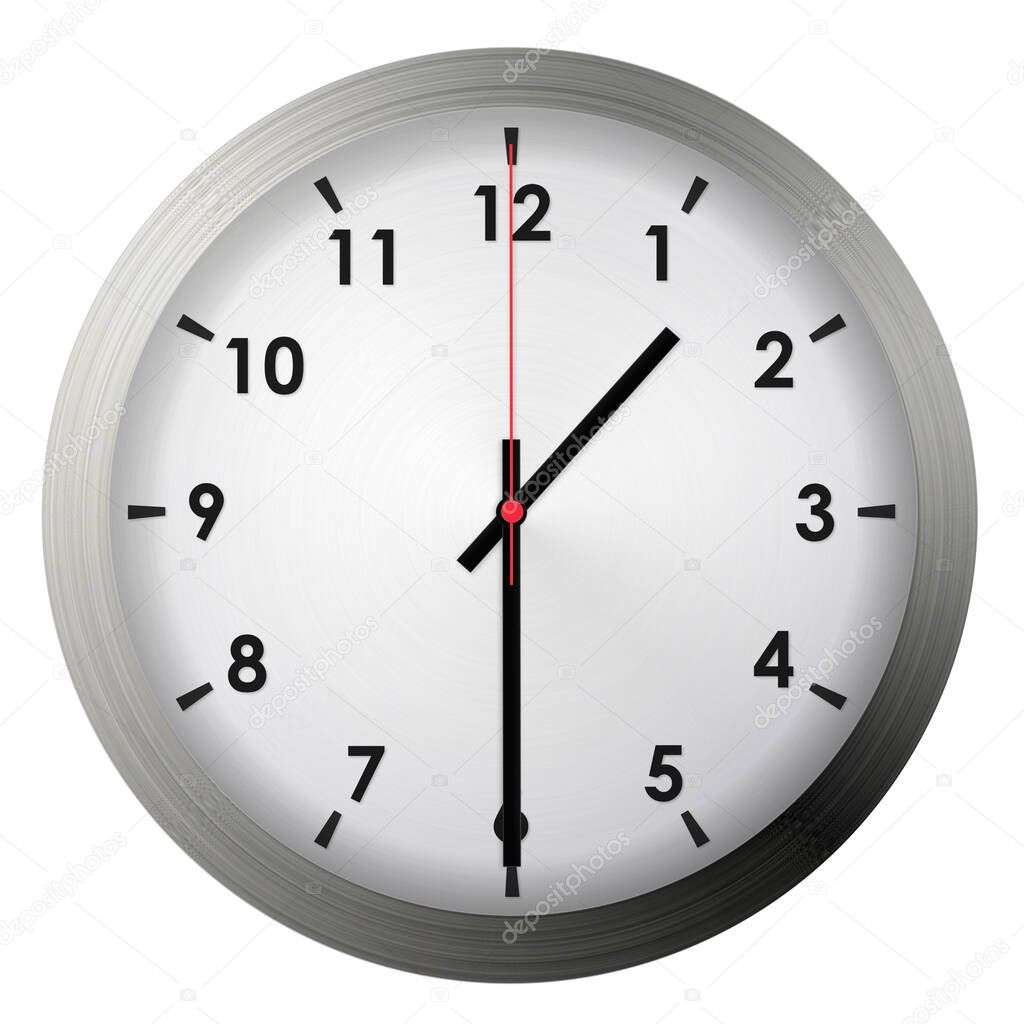 Analog metal wall clock isolated on white background.