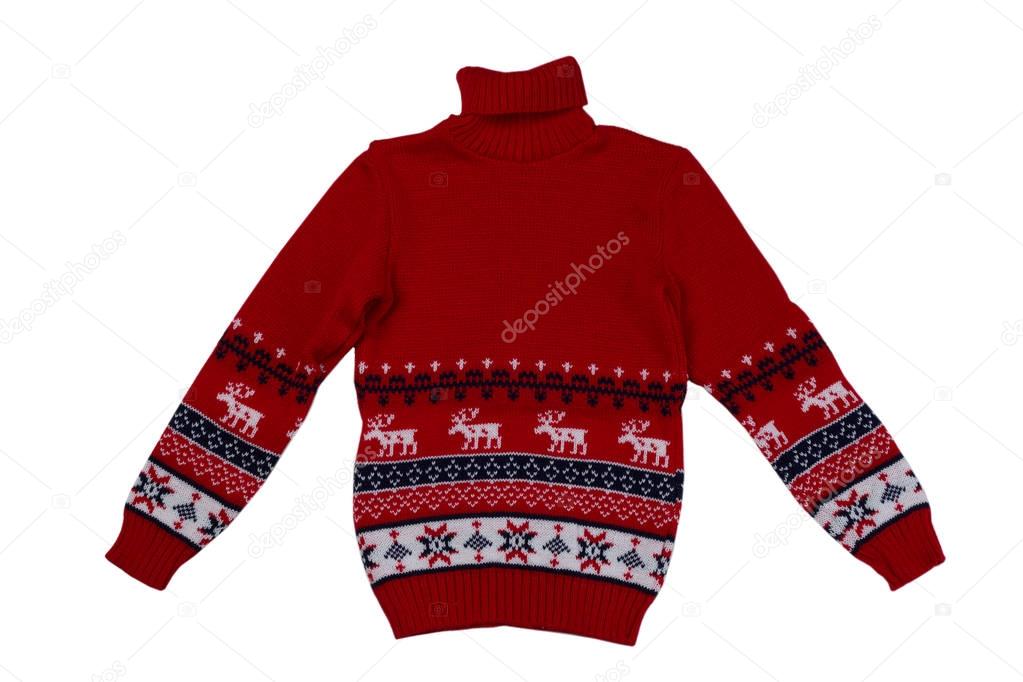 Red knitted sweater background with traditional design