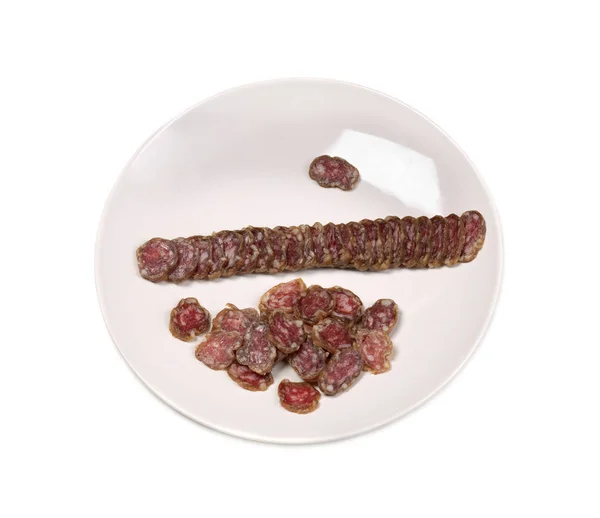 Plate with sausage sliced Fouette — Stock Photo, Image