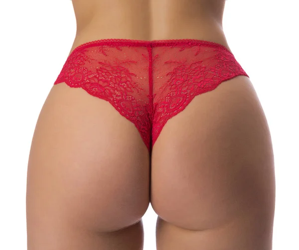 Fille en culotte rouge gros plan. Vue de derrière. Studio — Photo