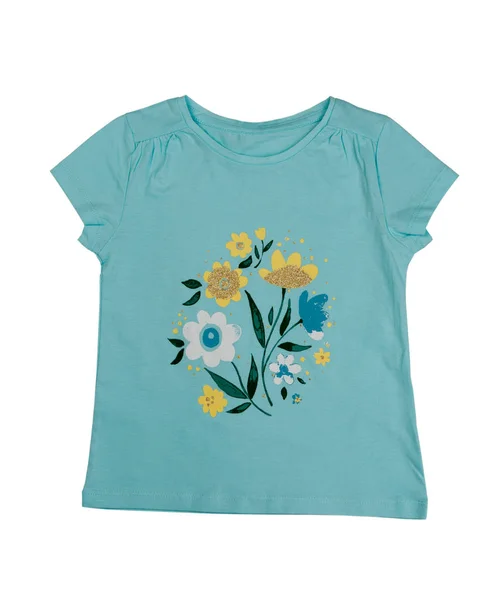 Blauwe vrouwelijke t-shirt met bloemenpatroon. Isoleren — Stockfoto