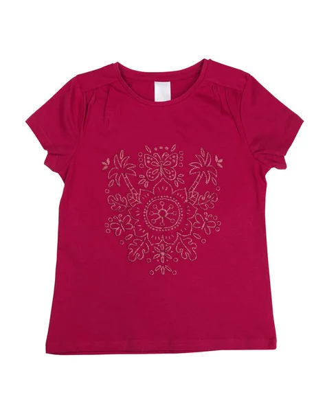 Crimson female T-shirt with a pattern. Isolate — Stock Photo, Image