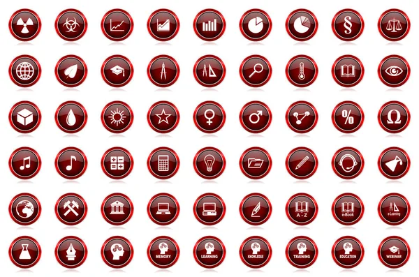 Czerwony edukacja WWW błyszczący wektor zestaw ikon. Kolekcja nowoczesny design chrom granicy metal szkoła i nauka przycisków w eps 10. — Wektor stockowy