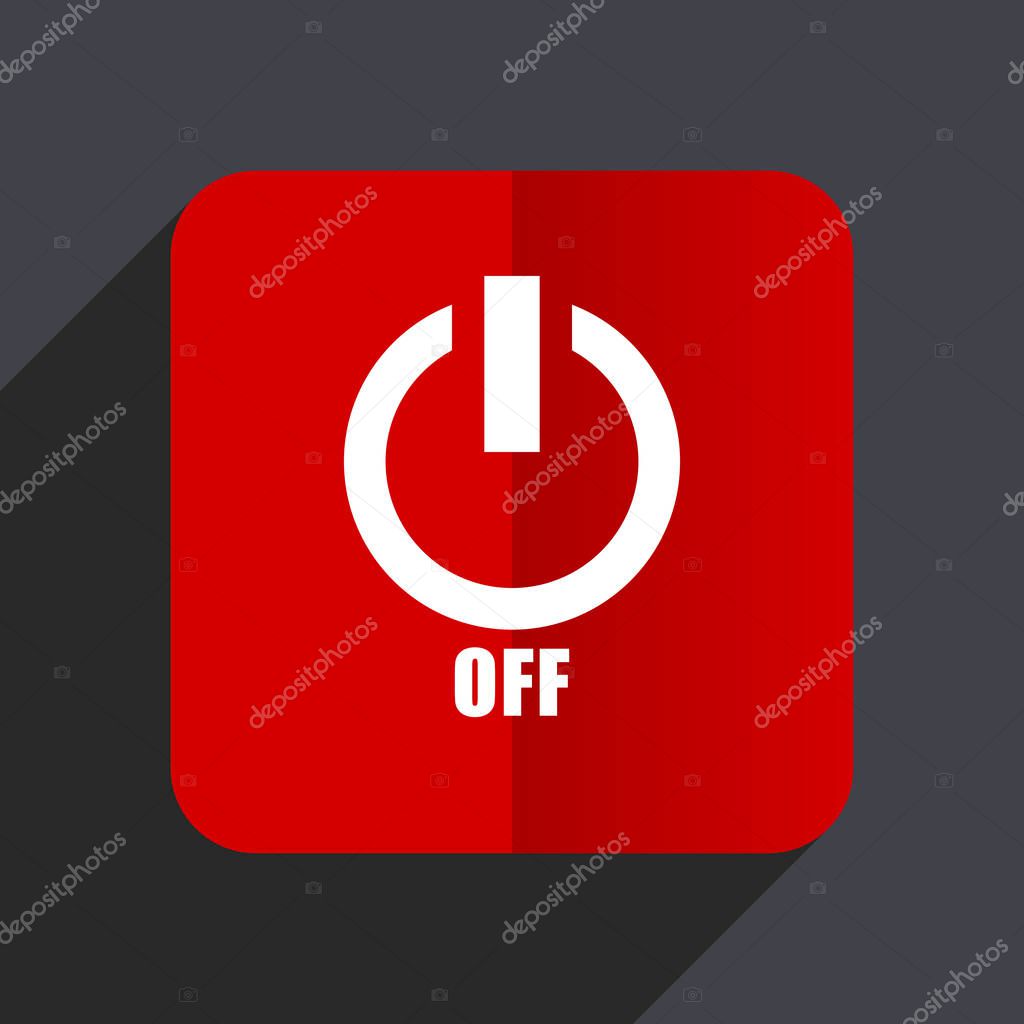 Power off flat design web vector icon. Red square sign on gray background in eps 10.