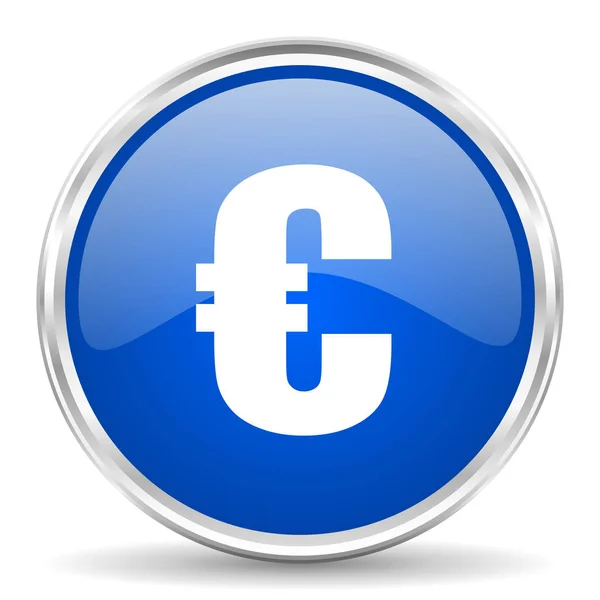 Icono de vector brillante azul euro. Cromo borde redondo botón web. Pulsador metálico plateado . — Vector de stock