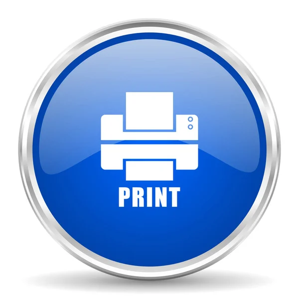 Ícone de vetor brilhante azul da impressora. Cromo borda redonda botão web. Botão de pressão metálico prata . — Vetor de Stock