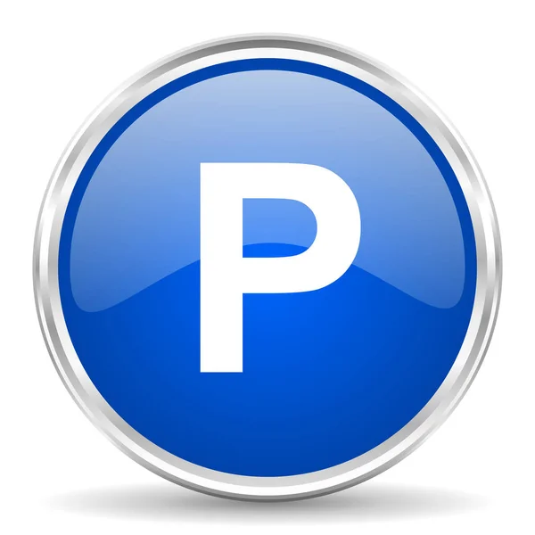 Parking bleu brillant icône vectorielle. Bouton web rond bordure chromée. Bouton poussoir métallique argenté . — Image vectorielle
