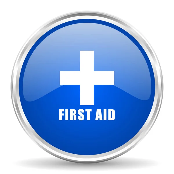 First aid blue glossy vector icon. Chrome border round web button. Silver metallic pushbutton. — Stock Vector