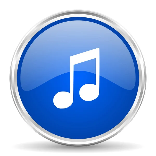 Modrý lesklý Vektorové ikonu Hudba. Chrome hranice kulaté tlačítko web. Stříbrná kovová tlačítka. — Stockový vektor