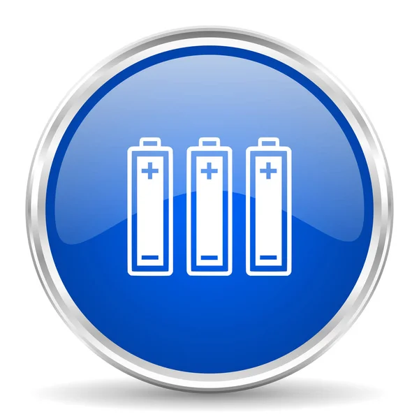 Blauw glanzend vector batterijpictogram. Chrome rand rond web knop. Zilver metallic drukknop. — Stockvector