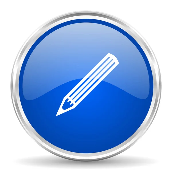 Modrý lesklý Vektorové ikonu tužky. Chrome hranice kulaté tlačítko web. Stříbrná kovová tlačítka. — Stockový vektor
