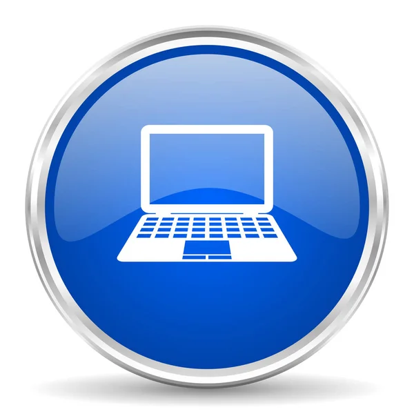 Modrý lesklý Vektorové ikonu počítač. Chrome hranice kulaté tlačítko web. Stříbrná kovová tlačítka. — Stockový vektor