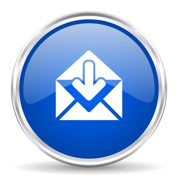 Email azul brillante icono de vector. Cromo borde redondo botón web. Pulsador metálico plateado . — Archivo Imágenes Vectoriales