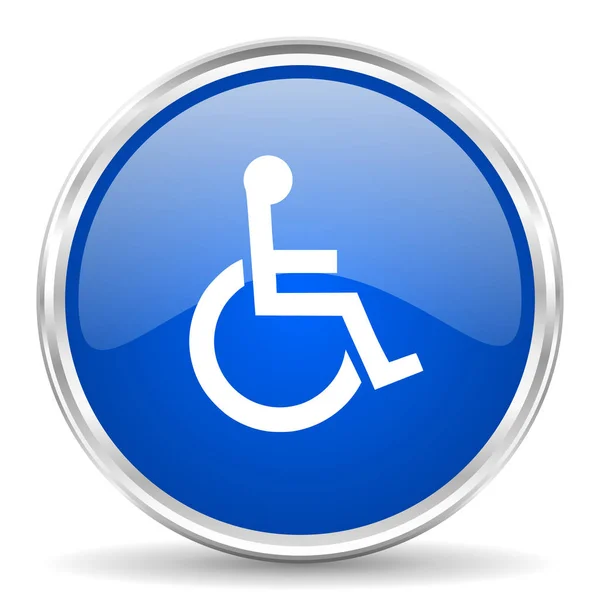 Icône vectorielle brillante bleu fauteuil roulant. Bouton web rond bordure chromée. Bouton poussoir métallique argenté . — Image vectorielle