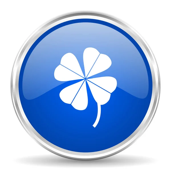 Four-leaf clover blue glossy vector icon. Chrome border round web button. Silver metallic pushbutton. — Stock Vector