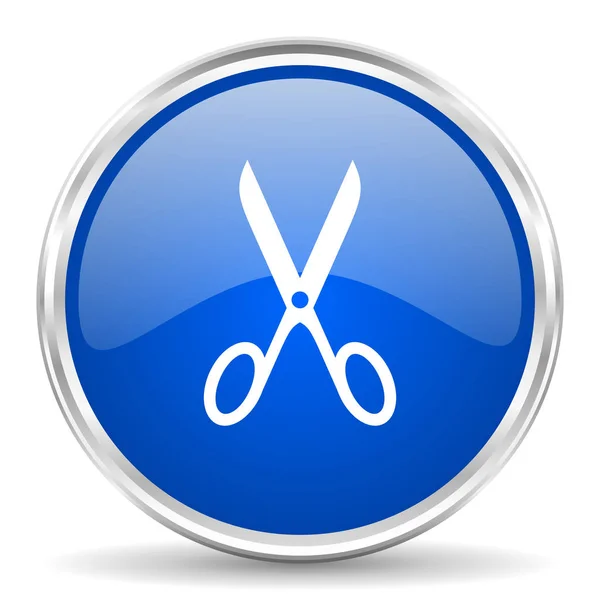 Ciseaux bleu brillant icône vectorielle. Bouton web rond bordure chromée. Bouton poussoir métallique argenté . — Image vectorielle