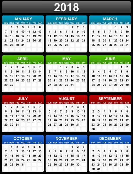 Simple editable 2018 año calendario vectorial en eps 10. Los domingos primero. . — Vector de stock