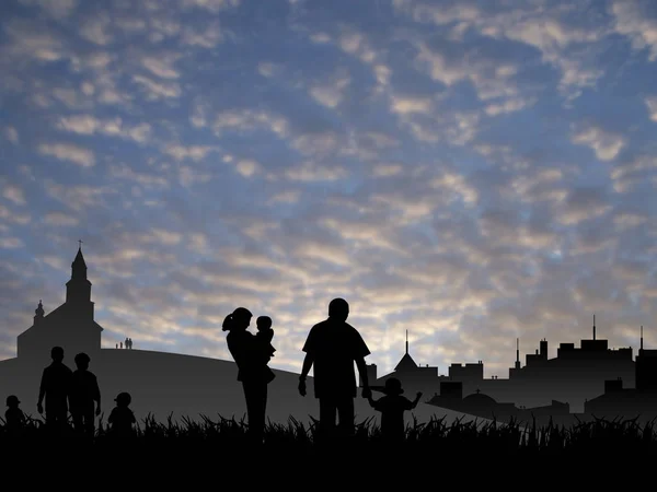 Young people with children going to church near big city - abstract illustration. — Stock Photo, Image