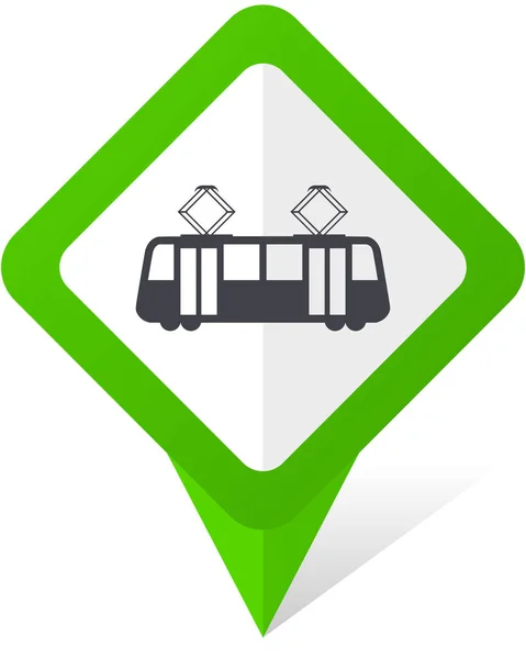 Tram green square pointer vector icon in eps 10 on white background with shadow. — Stock Vector