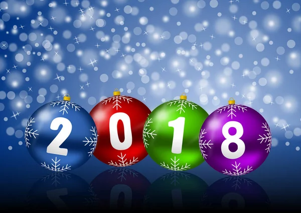 New 2018 year greeting card with christmas balls and snowflakes on blue background. — Stock Photo, Image