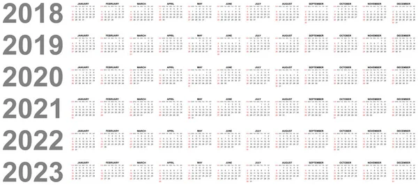 Простые редактируемые векторные календари на 2018 год 2020 2021 2022 2023 воскресенья красным цветом — стоковый вектор