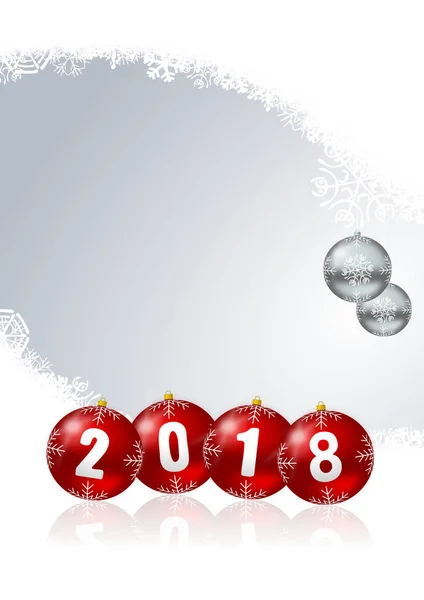 Gott nytt år 2018 gratulationskort julgranskulor på vita snöflingor bakgrund med tom kopia utrymme — Stockfoto