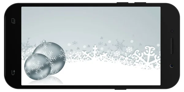 Nuevo teléfono inteligente color negro con tarjeta de felicitación navideña aislada sobre fondo blanco maqueta . — Foto de Stock