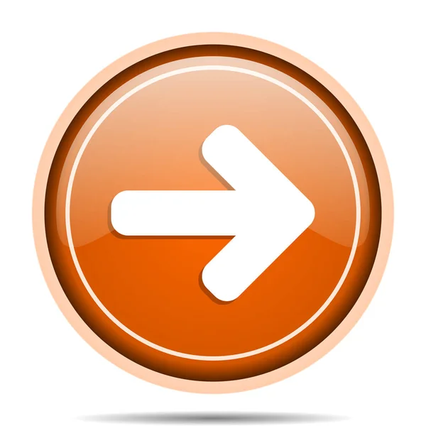 Freccia destra arancione puntatore rotondo web e icona vettoriale del telefono cellulare in eps 10 su sfondo bianco con ombra — Vettoriale Stock
