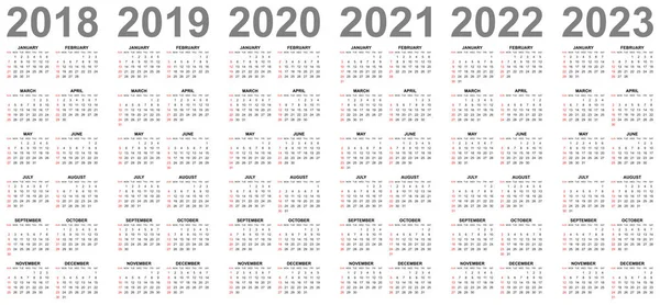 単純な編集可能なベクトル カレンダー年 2018 2019 2020 2021 2022 2023 赤の最初の日曜日 — ストックベクタ