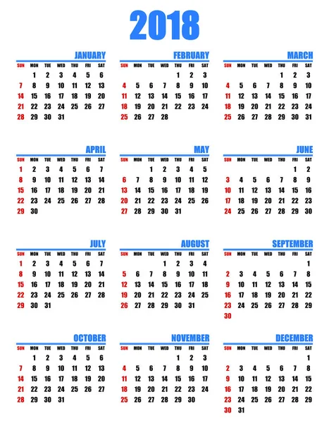 Calendario Vectorial Editable Simple Para Año 2017 Domingos Rojo Primero —  Fotos de Stock