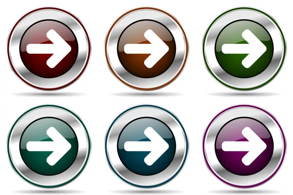 Right Arrow Vector Icon Set Silver Metallic Chrome Border Icons — Stock Vector