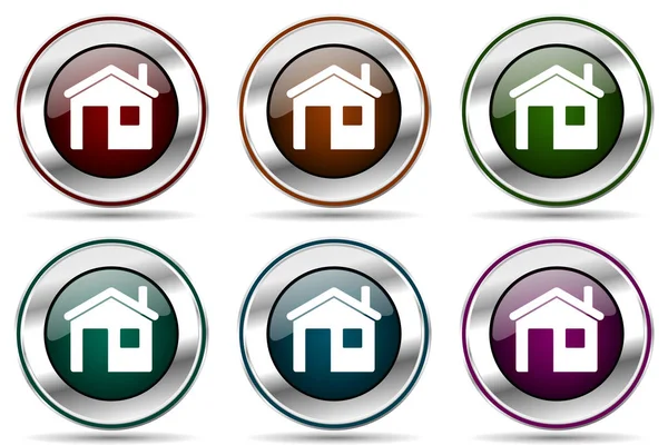 Haus Vektor Symbol Gesetzt Silber Metallic Chrom Randsymbole Für Webdesign — Stockvektor