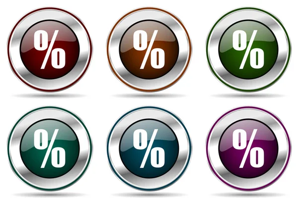 Procent Vector Icon Set Zilveren Metalen Chroom Rand Knoppen Voor — Stockvector